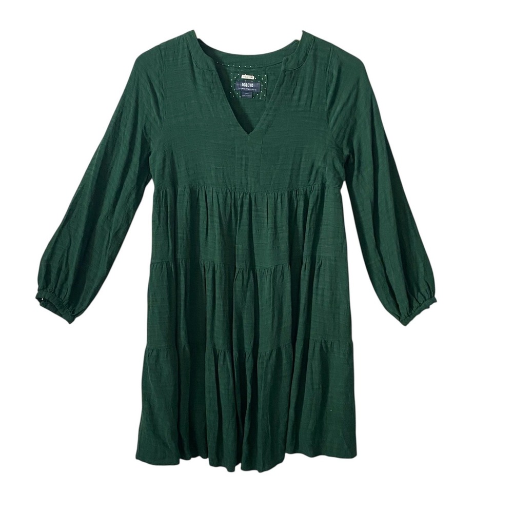 Maeve Anthropologie Green Tiered Babydoll Mini Dress Textured Jacquard Sz XS
